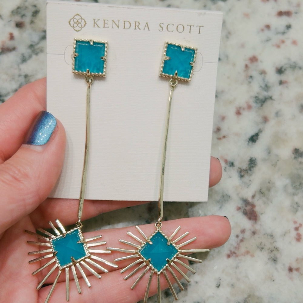 Kendra Scott Vintage Gold and turquoise blue starburst drop Earrings - Picture 2 of 8